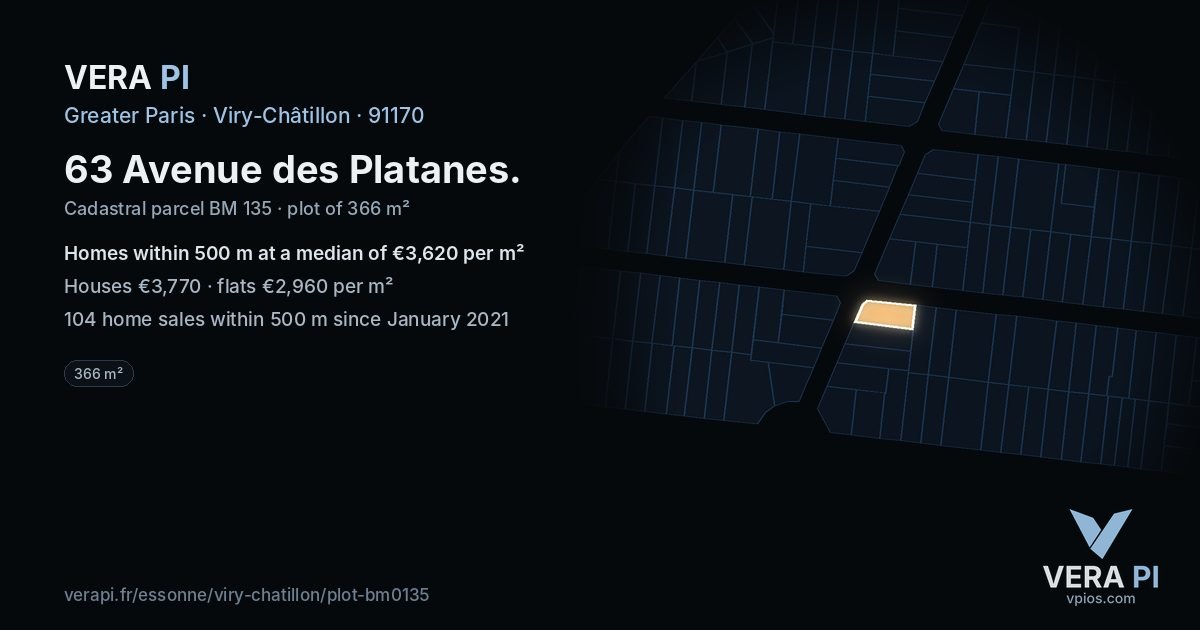 63 Avenue des Platanes, Viry-Châtillon at night – the plot lit, the parcels around coloured by the prices near them