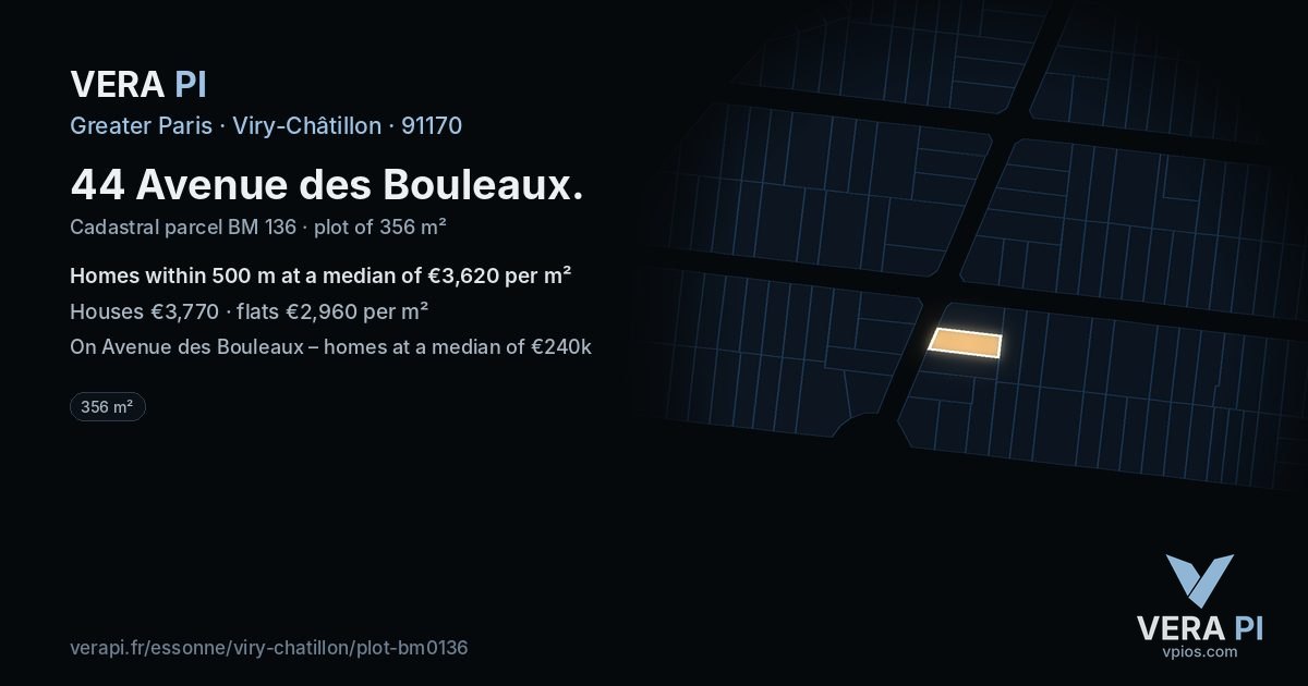 44 Avenue des Bouleaux, Viry-Châtillon at night – the plot lit, the parcels around coloured by the prices near them