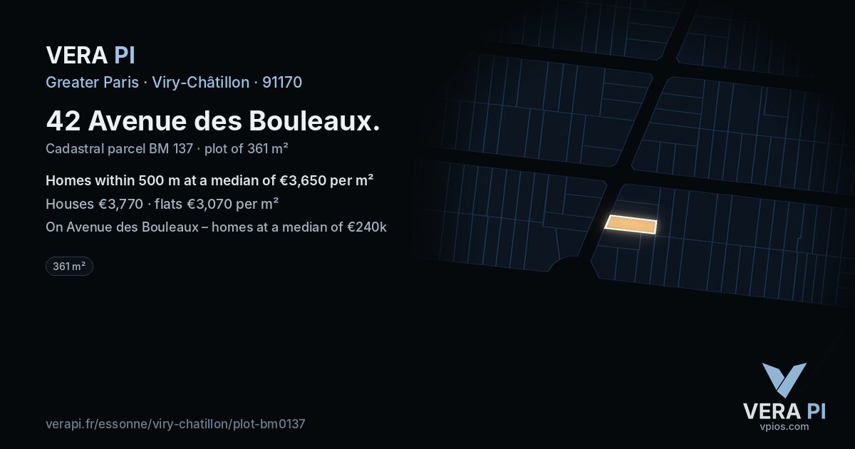 42 Avenue des Bouleaux, Viry-Châtillon at night – the plot lit, the parcels around coloured by the prices near them