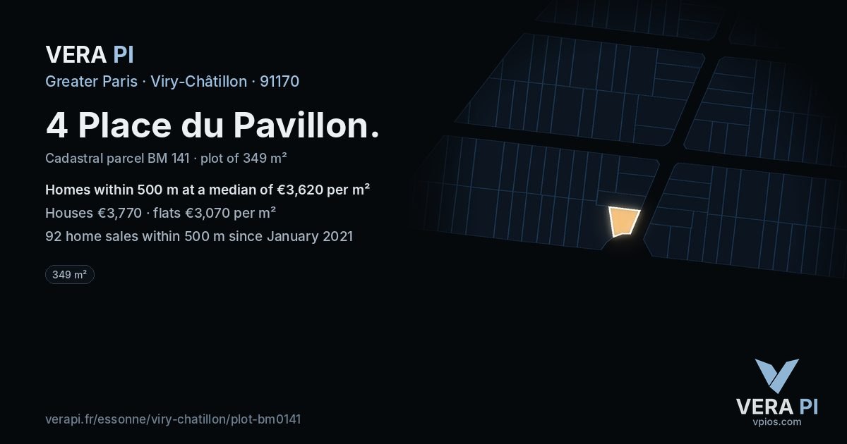 4 Place du Pavillon, Viry-Châtillon at night – the plot lit, the parcels around coloured by the prices near them