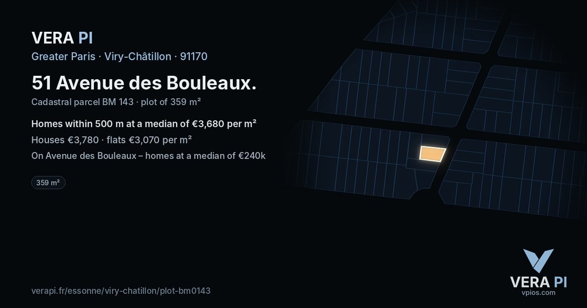51 Avenue des Bouleaux, Viry-Châtillon at night – the plot lit, the parcels around coloured by the prices near them