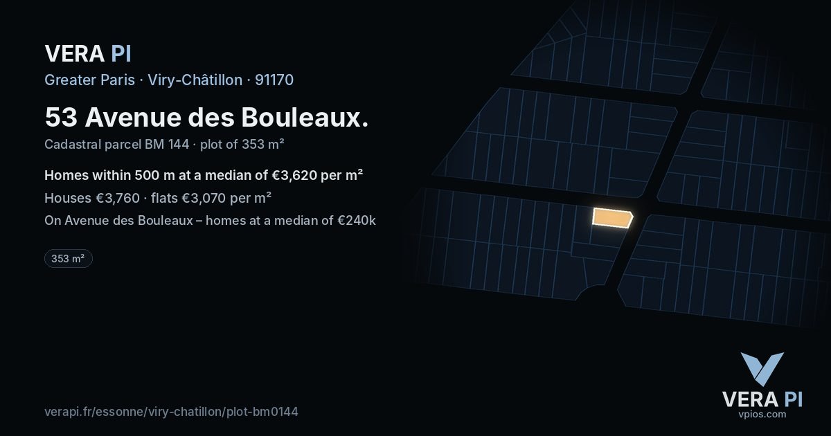 53 Avenue des Bouleaux, Viry-Châtillon at night – the plot lit, the parcels around coloured by the prices near them