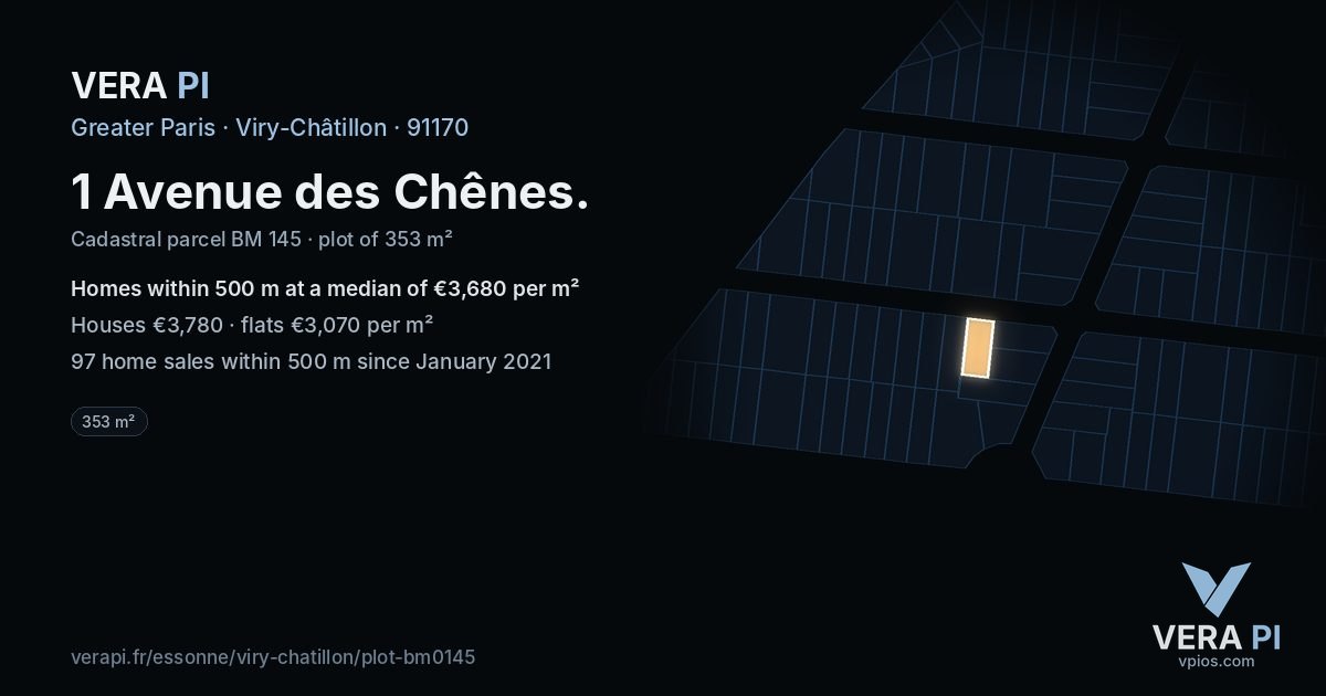 1 Avenue des Chênes, Viry-Châtillon at night – the plot lit, the parcels around coloured by the prices near them