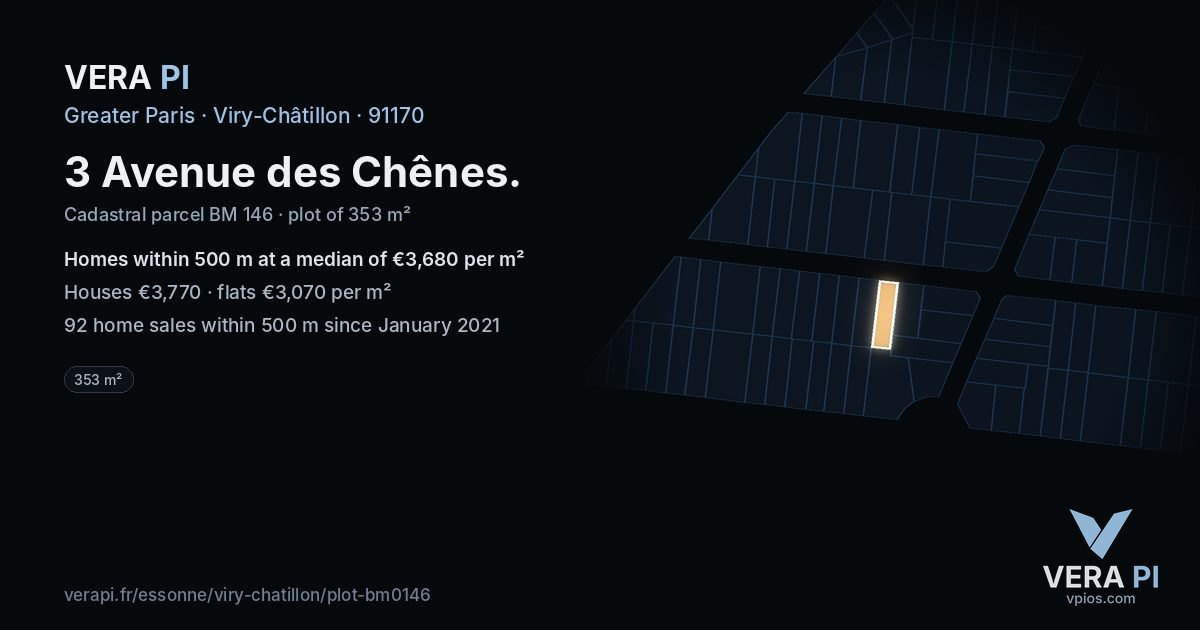 3 Avenue des Chênes, Viry-Châtillon at night – the plot lit, the parcels around coloured by the prices near them