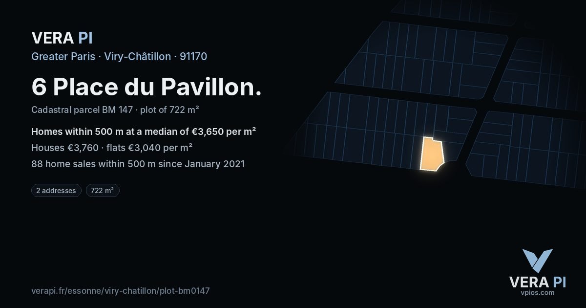 6 Place du Pavillon, Viry-Châtillon at night – the plot lit, the parcels around coloured by the prices near them