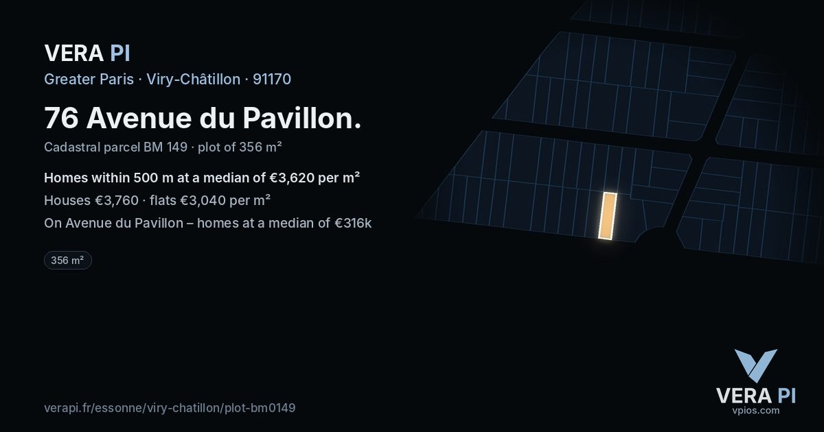 76 Avenue du Pavillon, Viry-Châtillon at night – the plot lit, the parcels around coloured by the prices near them