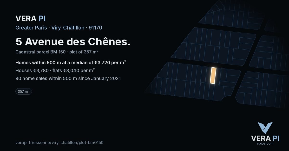 5 Avenue des Chênes, Viry-Châtillon at night – the plot lit, the parcels around coloured by the prices near them