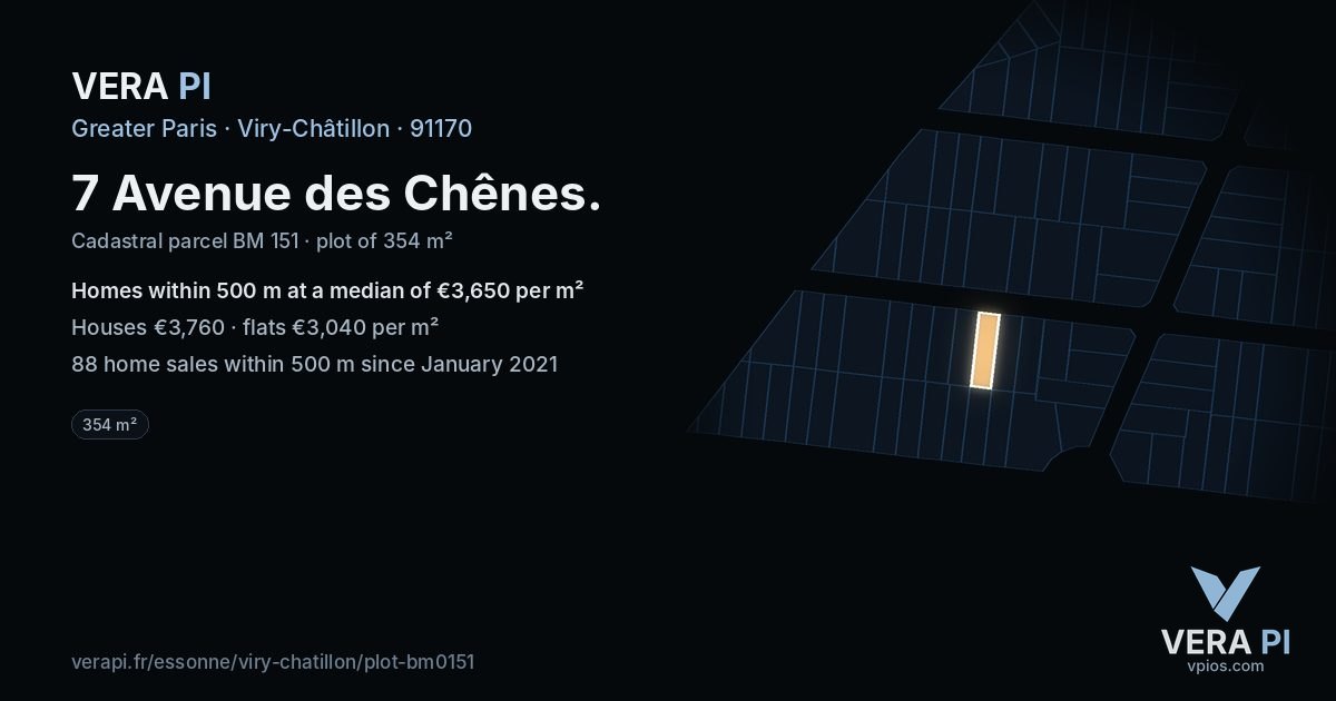 7 Avenue des Chênes, Viry-Châtillon at night – the plot lit, the parcels around coloured by the prices near them
