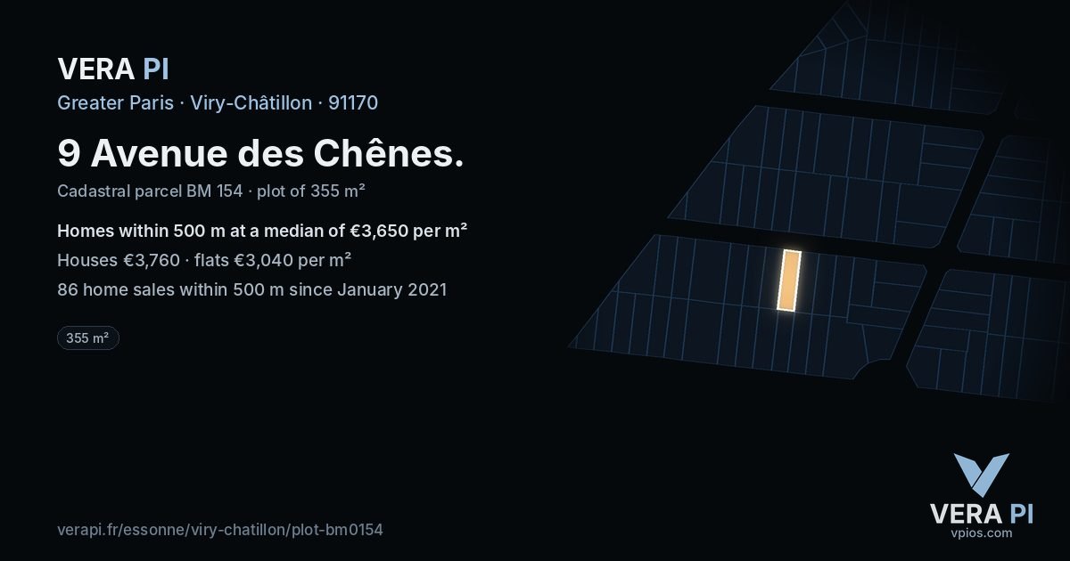 9 Avenue des Chênes, Viry-Châtillon at night – the plot lit, the parcels around coloured by the prices near them