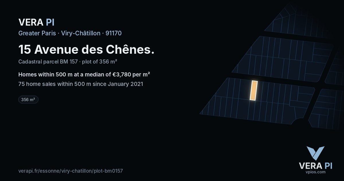 15 Avenue des Chênes, Viry-Châtillon at night – the plot lit, the parcels around coloured by the prices near them
