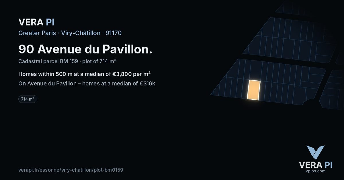 90 Avenue du Pavillon, Viry-Châtillon at night – the plot lit, the parcels around coloured by the prices near them