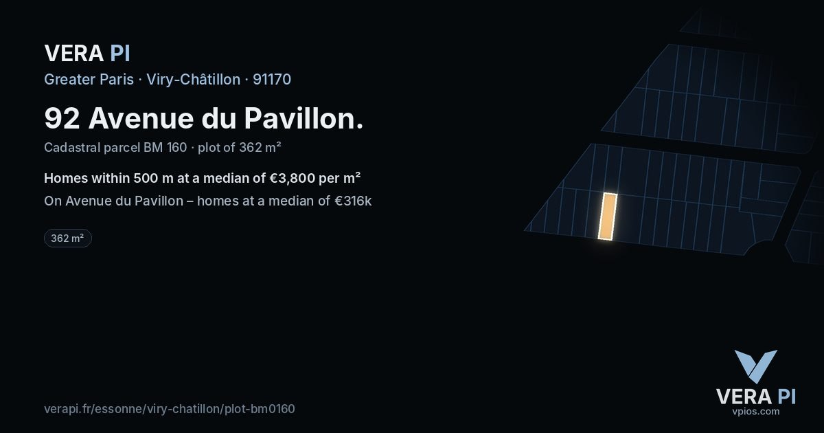 92 Avenue du Pavillon, Viry-Châtillon at night – the plot lit, the parcels around coloured by the prices near them