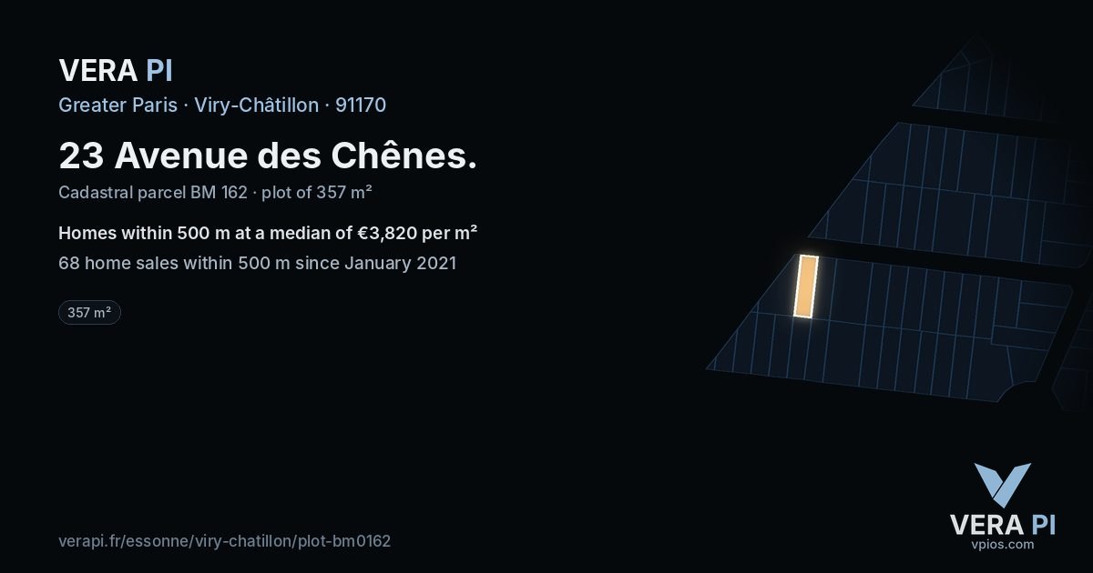 23 Avenue des Chênes, Viry-Châtillon at night – the plot lit, the parcels around coloured by the prices near them