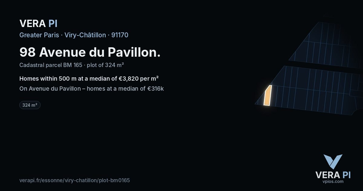 98 Avenue du Pavillon, Viry-Châtillon at night – the plot lit, the parcels around coloured by the prices near them