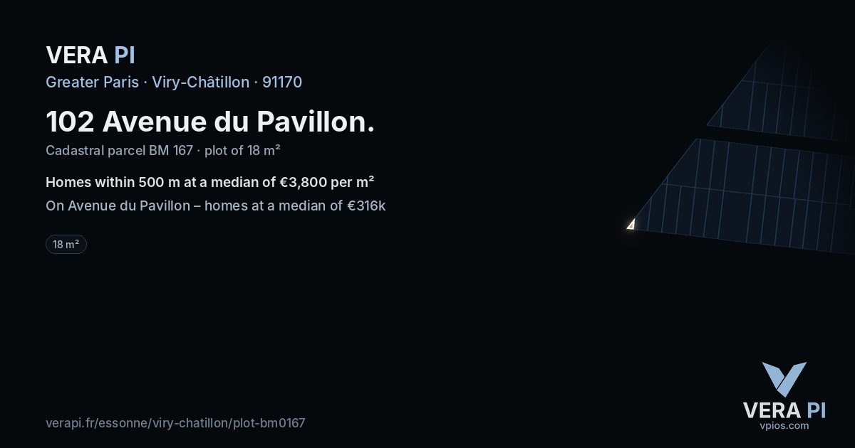 102 Avenue du Pavillon, Viry-Châtillon at night – the plot lit, the parcels around coloured by the prices near them
