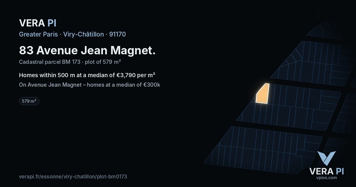 83 Avenue Jean Magnet, Viry-Châtillon at night – the plot lit, the parcels around coloured by the prices near them