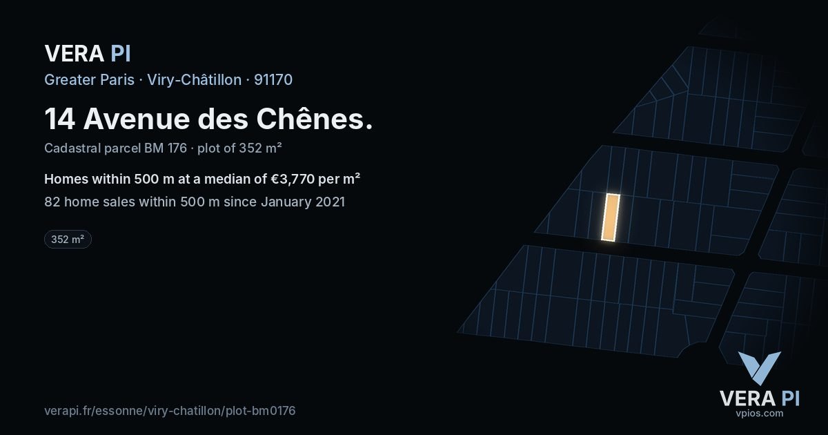 14 Avenue des Chênes, Viry-Châtillon at night – the plot lit, the parcels around coloured by the prices near them