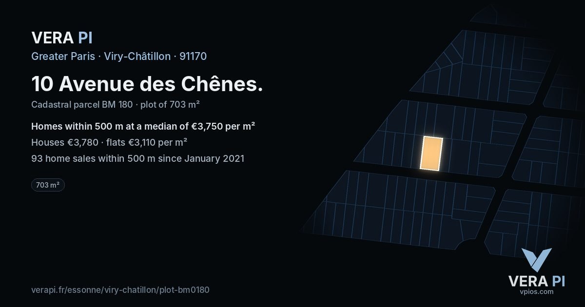 10 Avenue des Chênes, Viry-Châtillon at night – the plot lit, the parcels around coloured by the prices near them