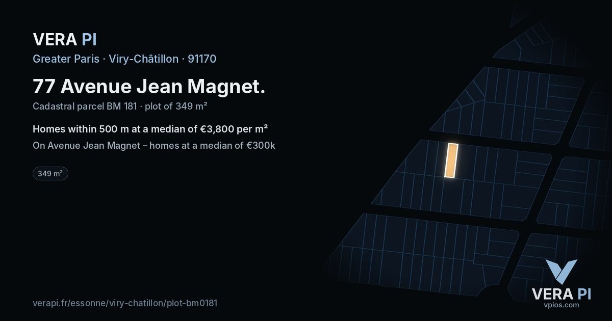 77 Avenue Jean Magnet, Viry-Châtillon at night – the plot lit, the parcels around coloured by the prices near them