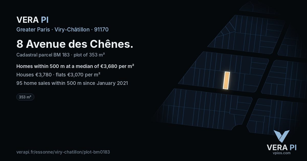8 Avenue des Chênes, Viry-Châtillon at night – the plot lit, the parcels around coloured by the prices near them