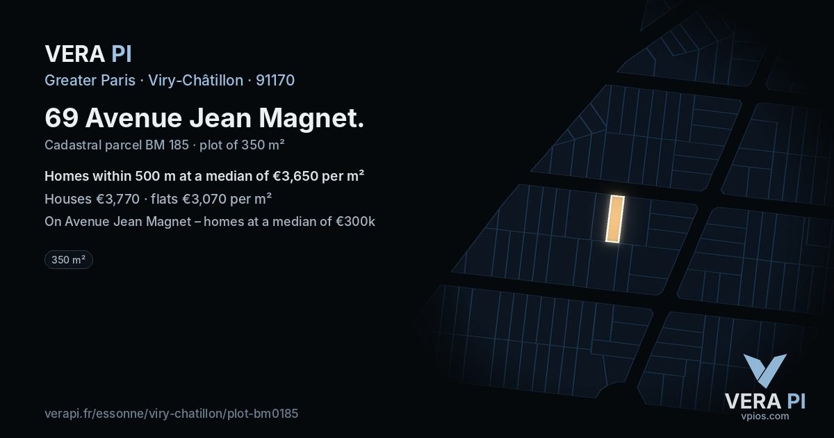 69 Avenue Jean Magnet, Viry-Châtillon at night – the plot lit, the parcels around coloured by the prices near them