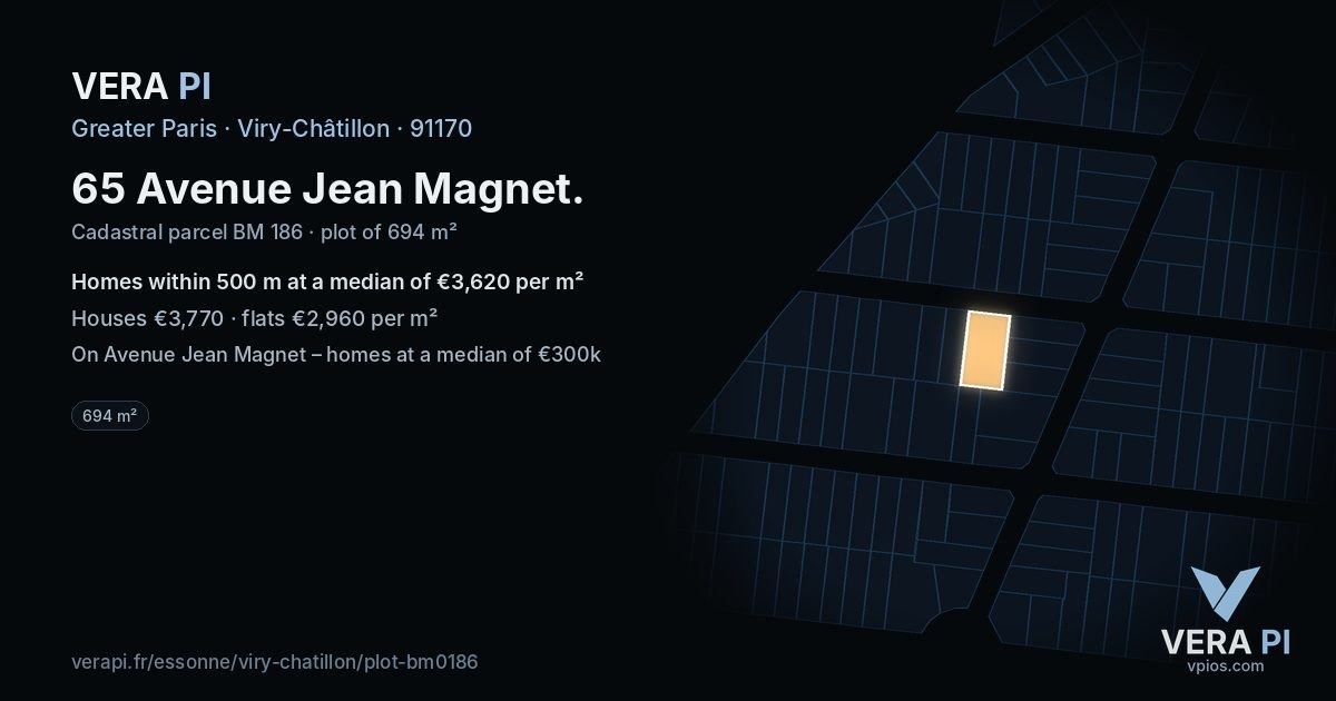 65 Avenue Jean Magnet, Viry-Châtillon at night – the plot lit, the parcels around coloured by the prices near them