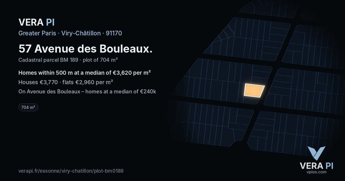 57 Avenue des Bouleaux, Viry-Châtillon at night – the plot lit, the parcels around coloured by the prices near them