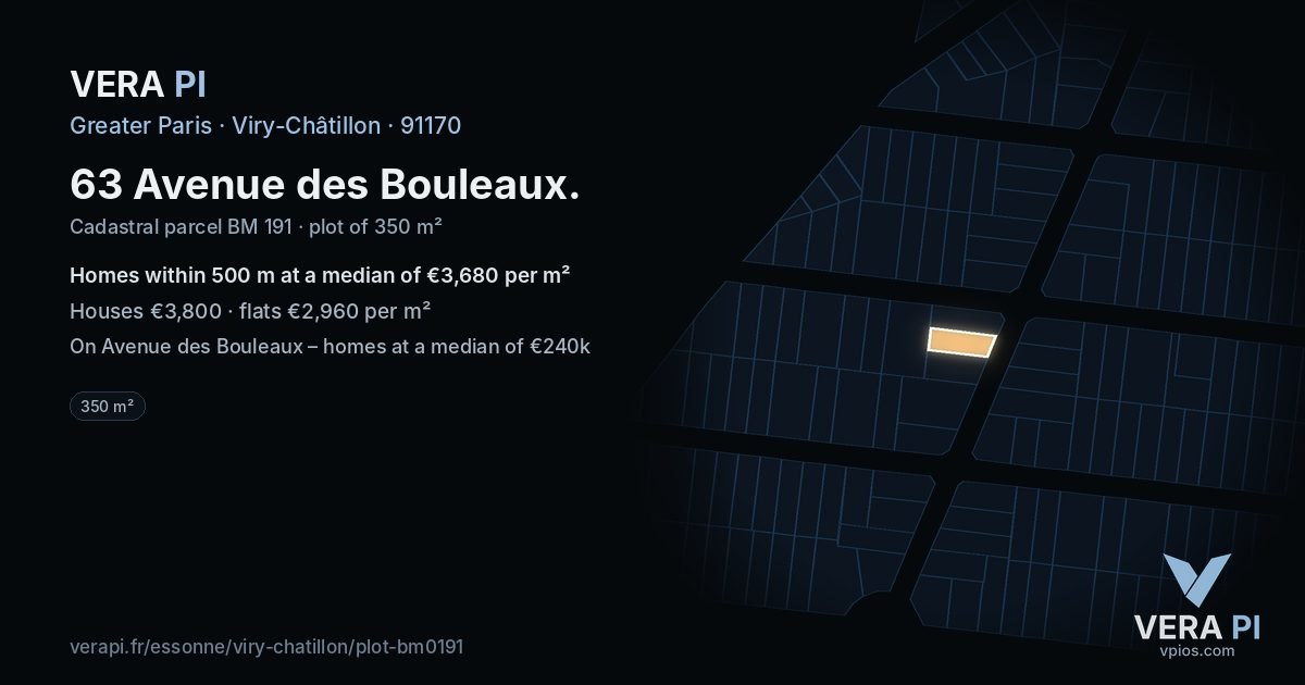 63 Avenue des Bouleaux, Viry-Châtillon at night – the plot lit, the parcels around coloured by the prices near them