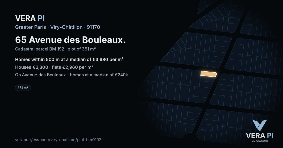 65 Avenue des Bouleaux, Viry-Châtillon at night – the plot lit, the parcels around coloured by the prices near them
