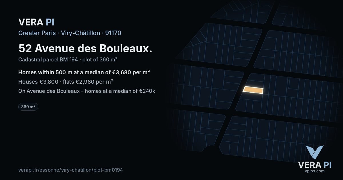 52 Avenue des Bouleaux, Viry-Châtillon at night – the plot lit, the parcels around coloured by the prices near them