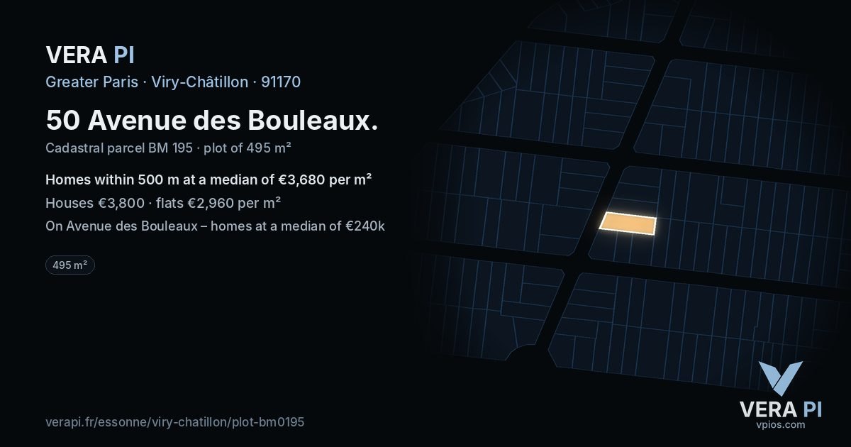 50 Avenue des Bouleaux, Viry-Châtillon at night – the plot lit, the parcels around coloured by the prices near them