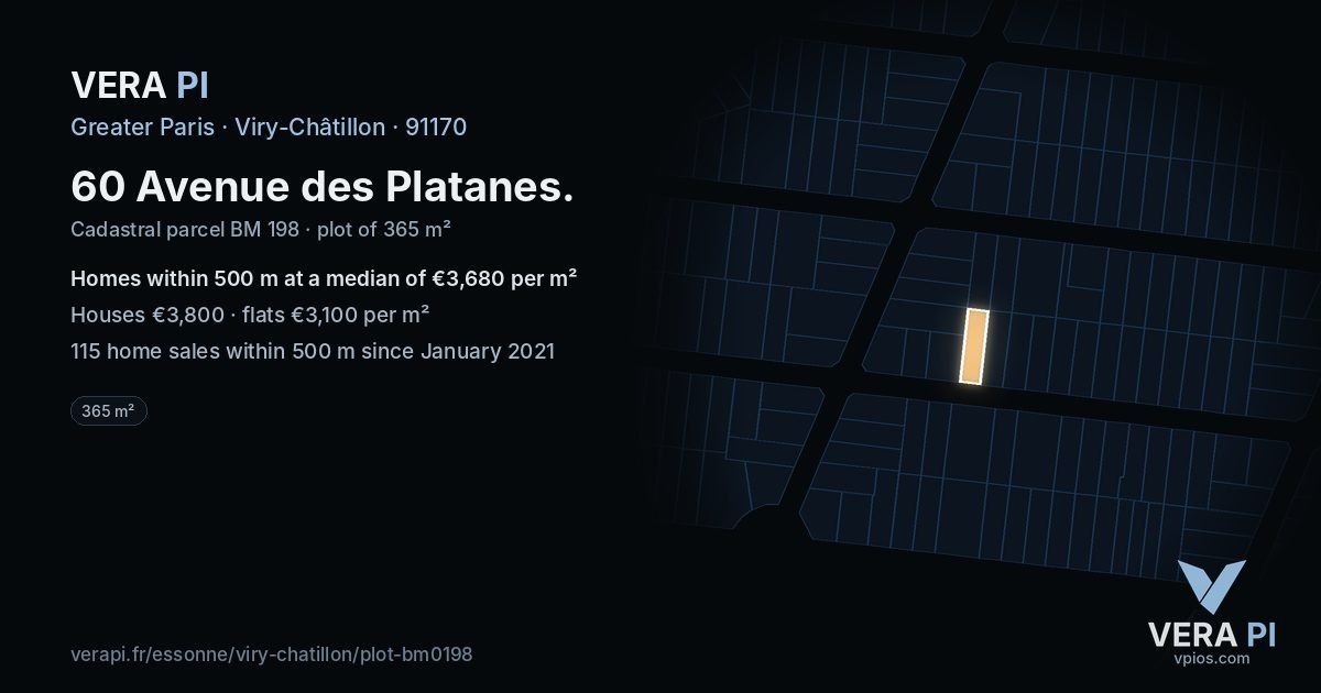 60 Avenue des Platanes, Viry-Châtillon at night – the plot lit, the parcels around coloured by the prices near them