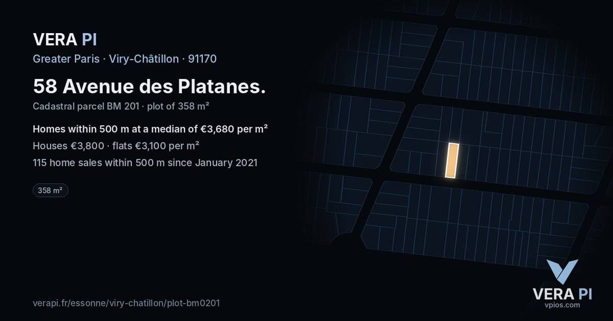 58 Avenue des Platanes, Viry-Châtillon at night – the plot lit, the parcels around coloured by the prices near them