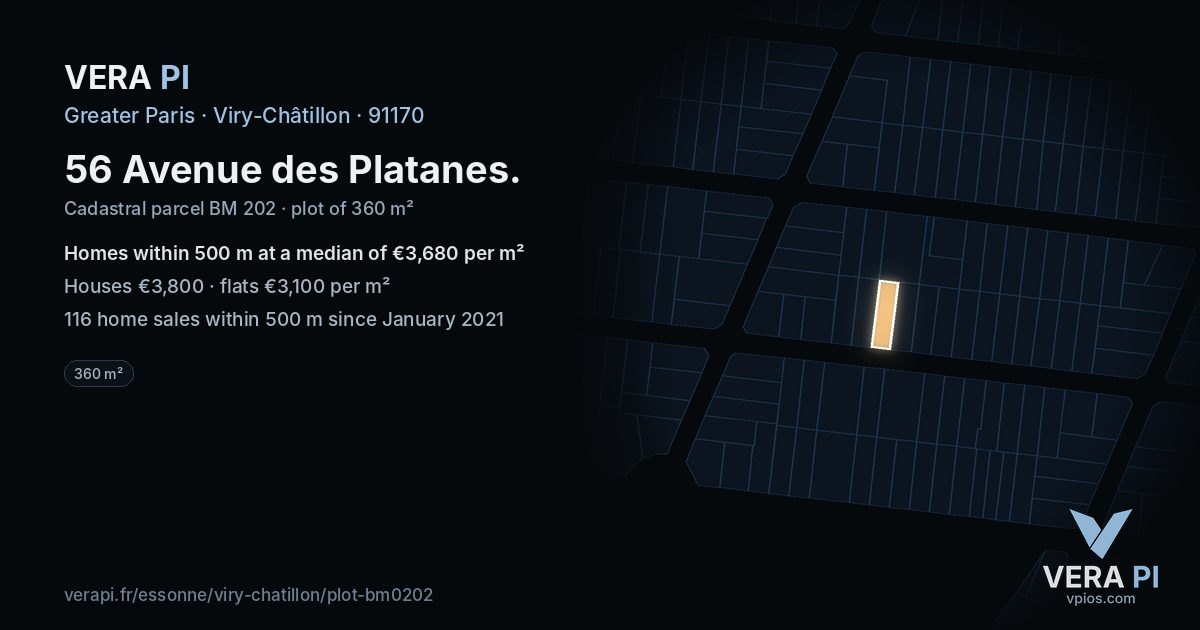 56 Avenue des Platanes, Viry-Châtillon at night – the plot lit, the parcels around coloured by the prices near them