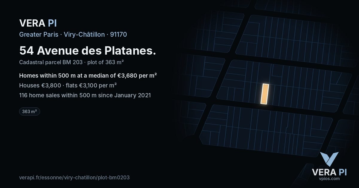 54 Avenue des Platanes, Viry-Châtillon at night – the plot lit, the parcels around coloured by the prices near them