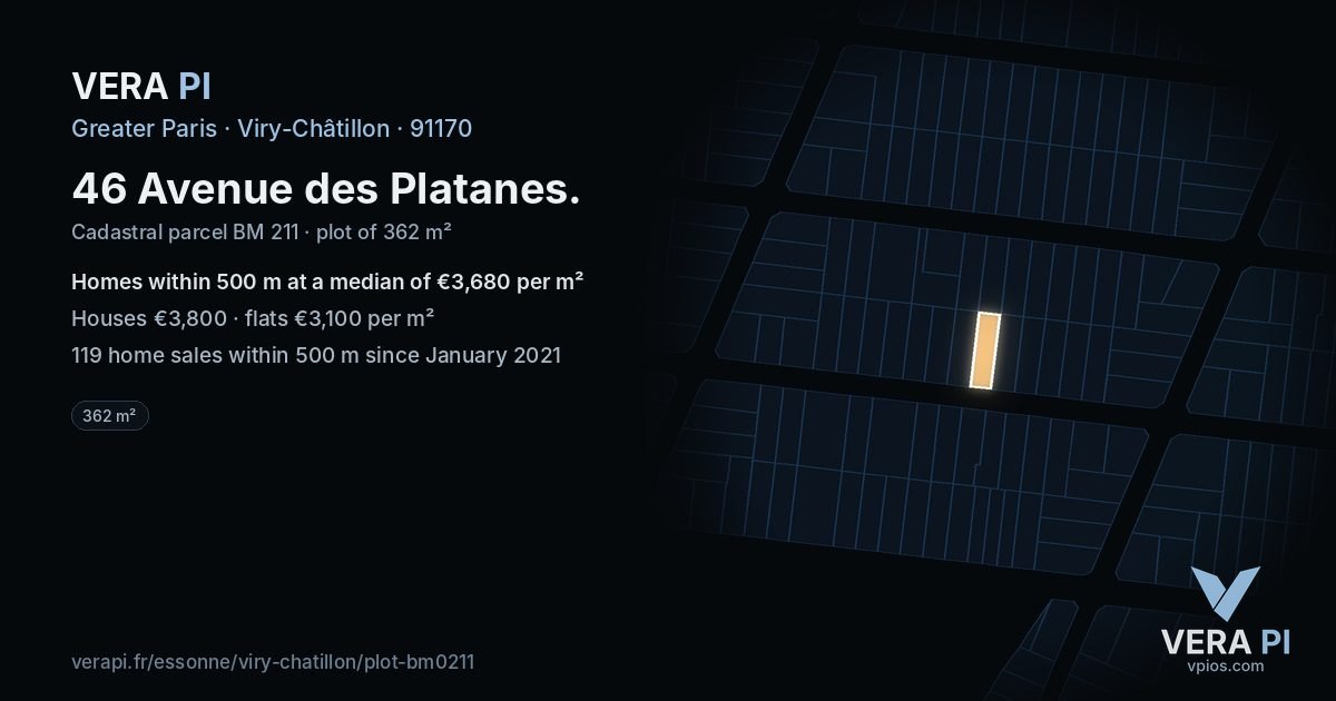 46 Avenue des Platanes, Viry-Châtillon at night – the plot lit, the parcels around coloured by the prices near them