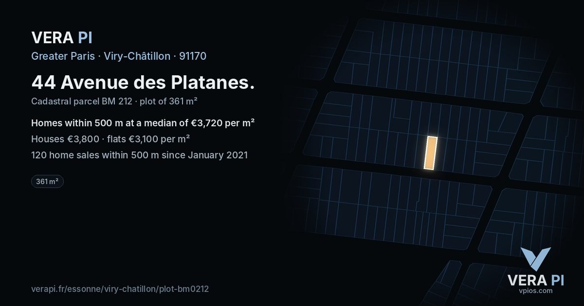 44 Avenue des Platanes, Viry-Châtillon at night – the plot lit, the parcels around coloured by the prices near them