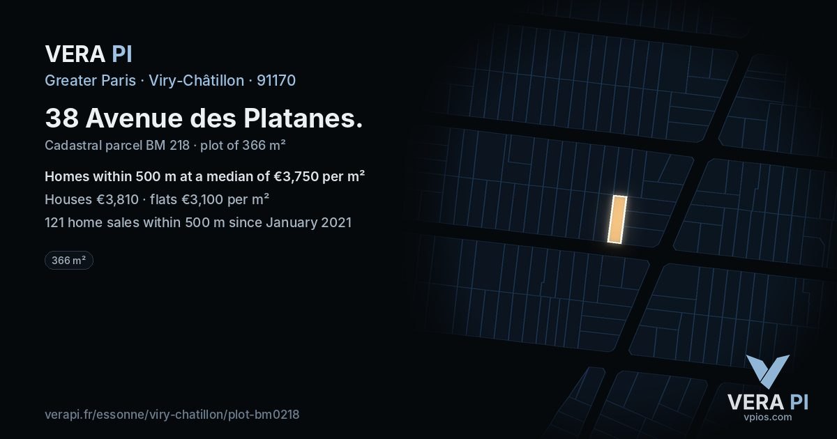 38 Avenue des Platanes, Viry-Châtillon at night – the plot lit, the parcels around coloured by the prices near them