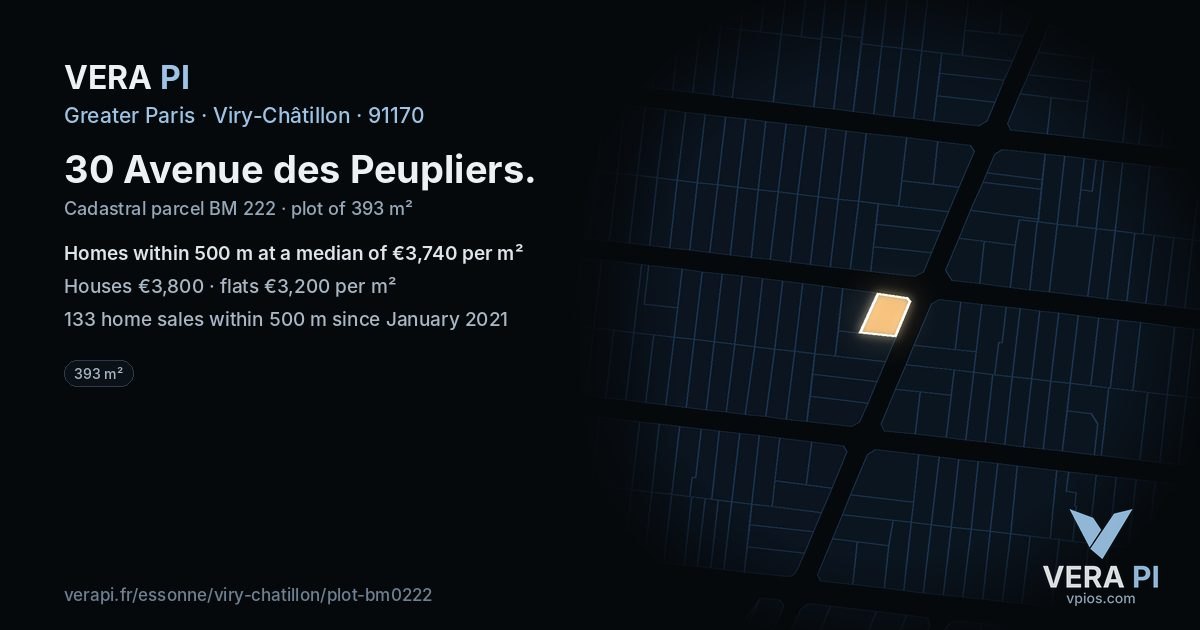 30 Avenue des Peupliers, Viry-Châtillon at night – the plot lit, the parcels around coloured by the prices near them