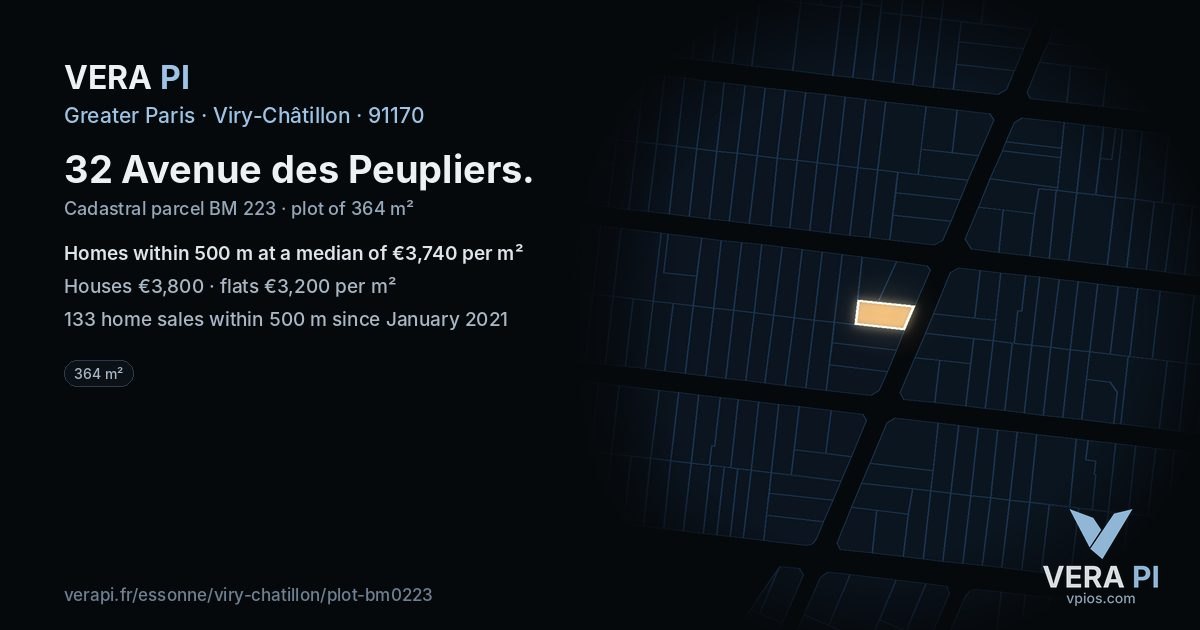 32 Avenue des Peupliers, Viry-Châtillon at night – the plot lit, the parcels around coloured by the prices near them