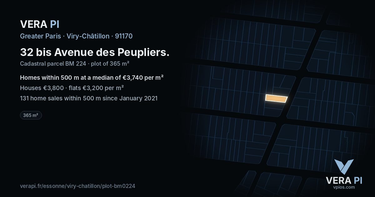 32 bis Avenue des Peupliers, Viry-Châtillon at night – the plot lit, the parcels around coloured by the prices near them