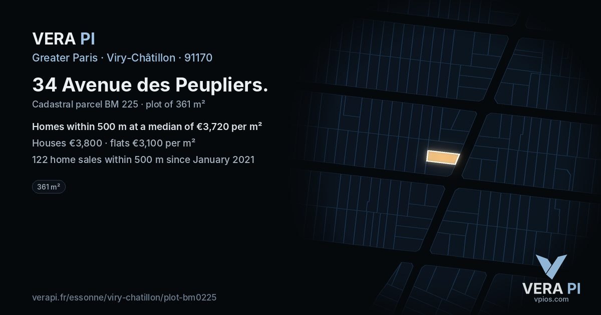 34 Avenue des Peupliers, Viry-Châtillon at night – the plot lit, the parcels around coloured by the prices near them