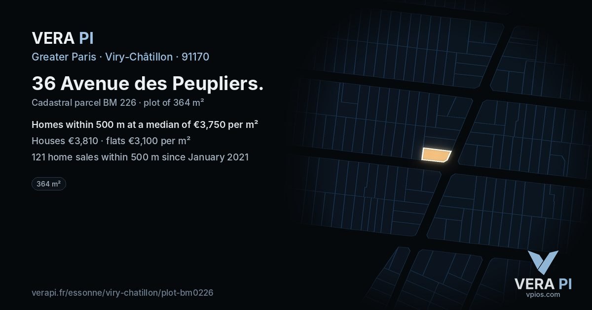 36 Avenue des Peupliers, Viry-Châtillon at night – the plot lit, the parcels around coloured by the prices near them
