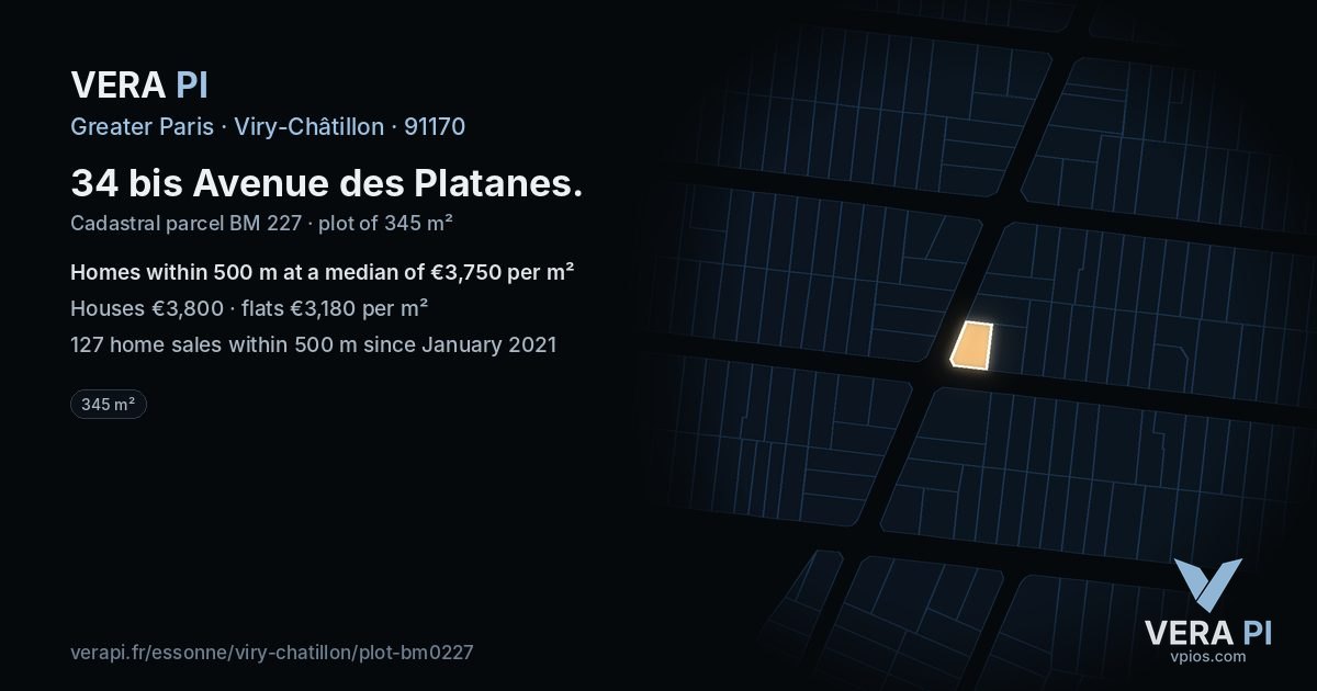 34 bis Avenue des Platanes, Viry-Châtillon at night – the plot lit, the parcels around coloured by the prices near them