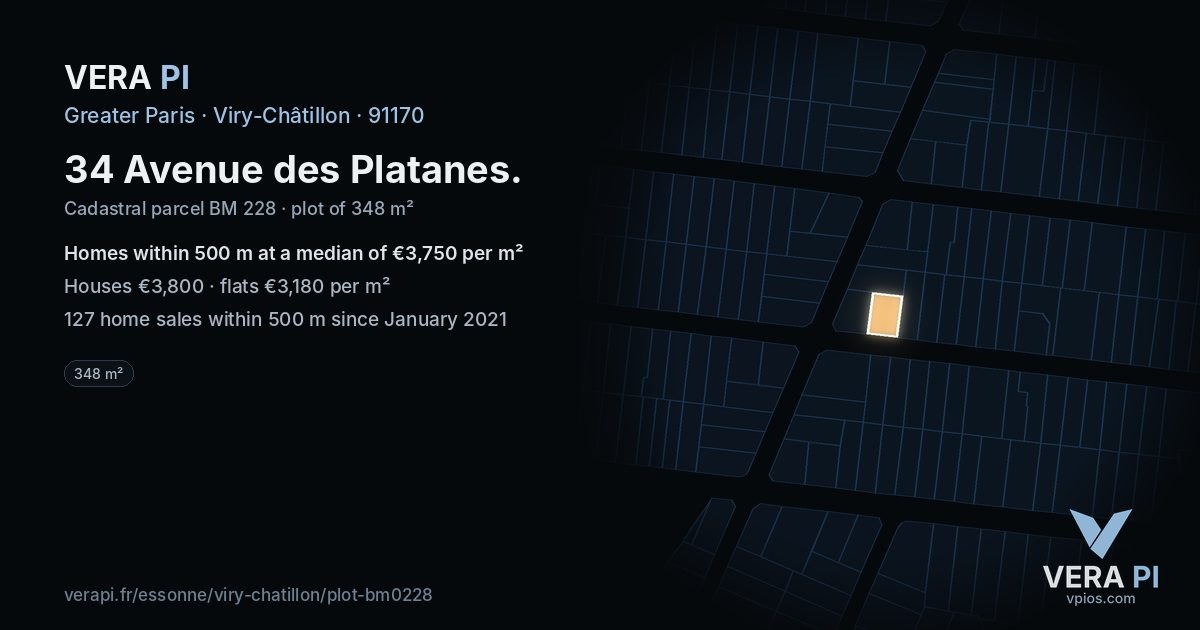 34 Avenue des Platanes, Viry-Châtillon at night – the plot lit, the parcels around coloured by the prices near them