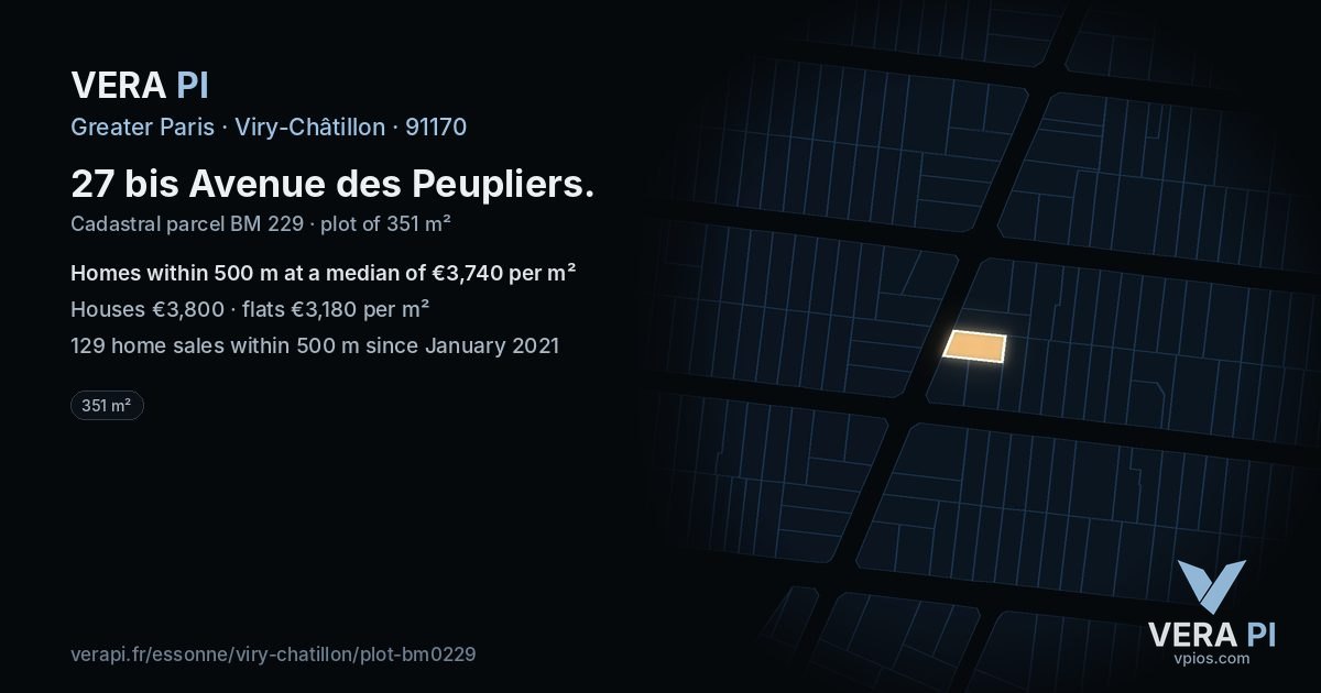 27 bis Avenue des Peupliers, Viry-Châtillon at night – the plot lit, the parcels around coloured by the prices near them