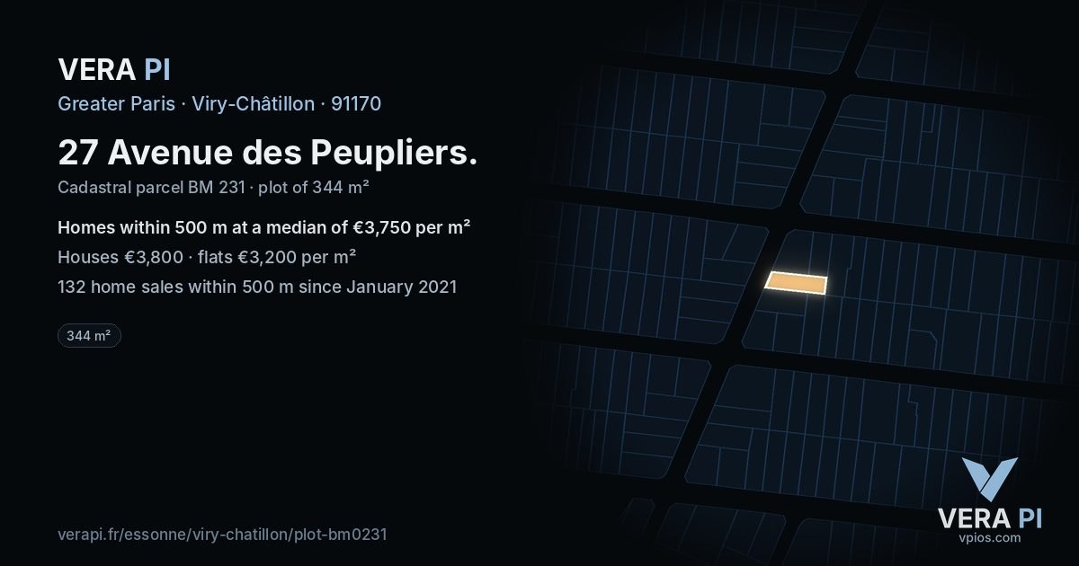 27 Avenue des Peupliers, Viry-Châtillon at night – the plot lit, the parcels around coloured by the prices near them