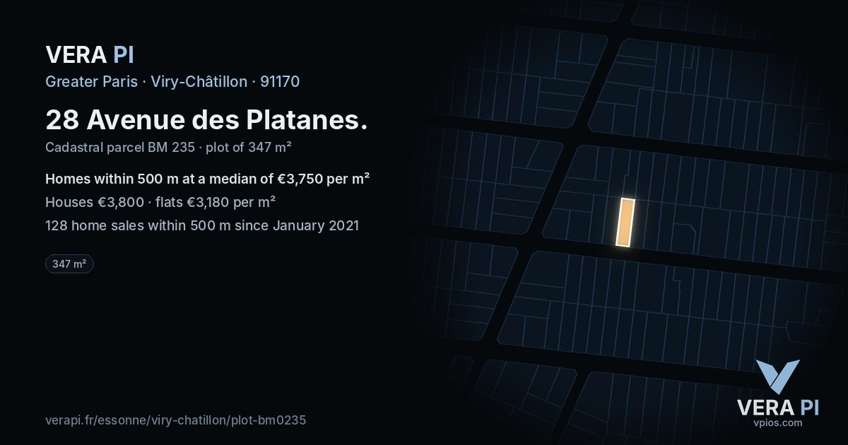 28 Avenue des Platanes, Viry-Châtillon at night – the plot lit, the parcels around coloured by the prices near them
