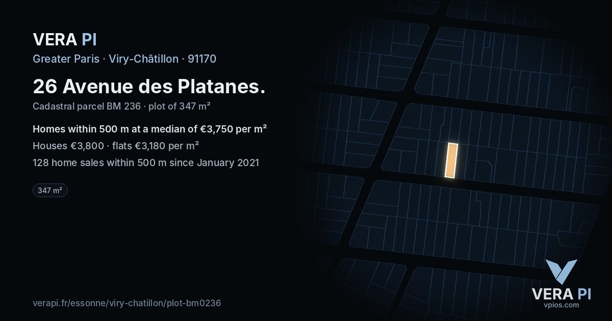 26 Avenue des Platanes, Viry-Châtillon at night – the plot lit, the parcels around coloured by the prices near them