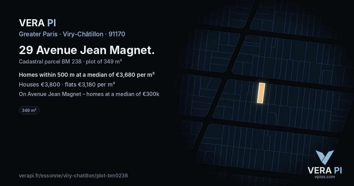 29 Avenue Jean Magnet, Viry-Châtillon at night – the plot lit, the parcels around coloured by the prices near them